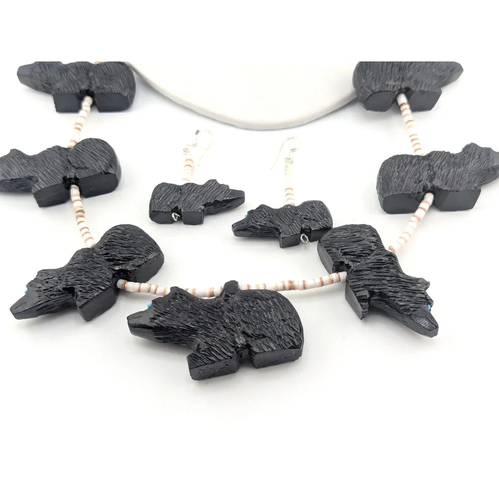 Exquisite Mike Tucson Zuni Bear Fetish Necklace Earrings Set Sterling Silver Jet